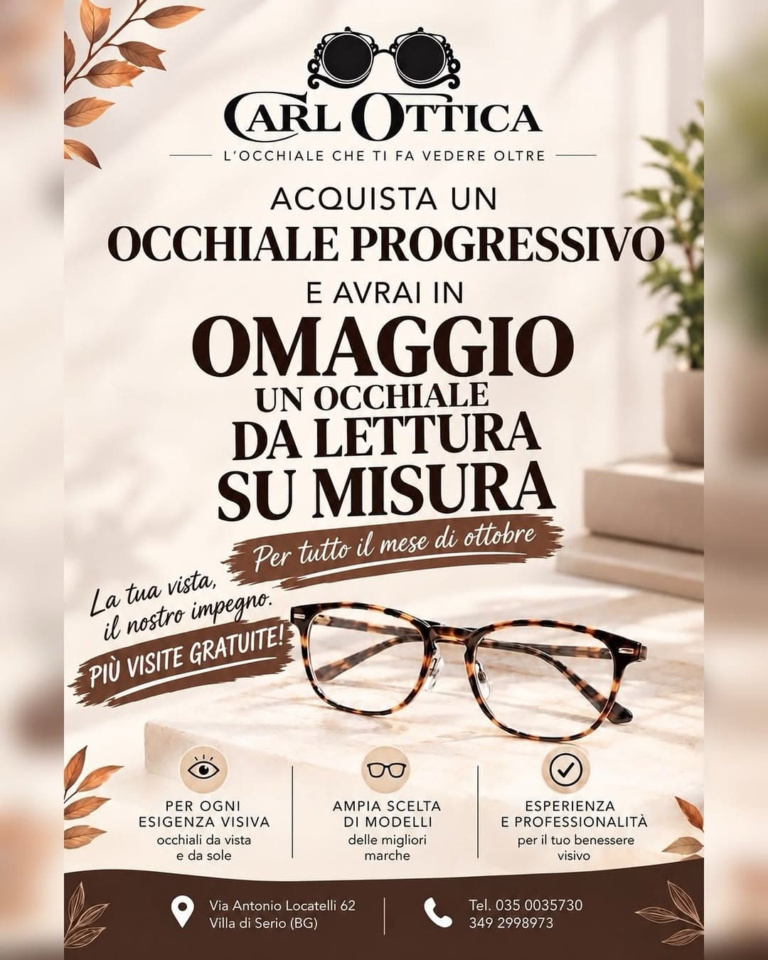 Post Instagram Carl Ottica: 🍂 Ottobre è il mese giusto per prenderti cura della tua vista! 👓✨ Acquista un occhiale progressivo e ricevi in omaggio