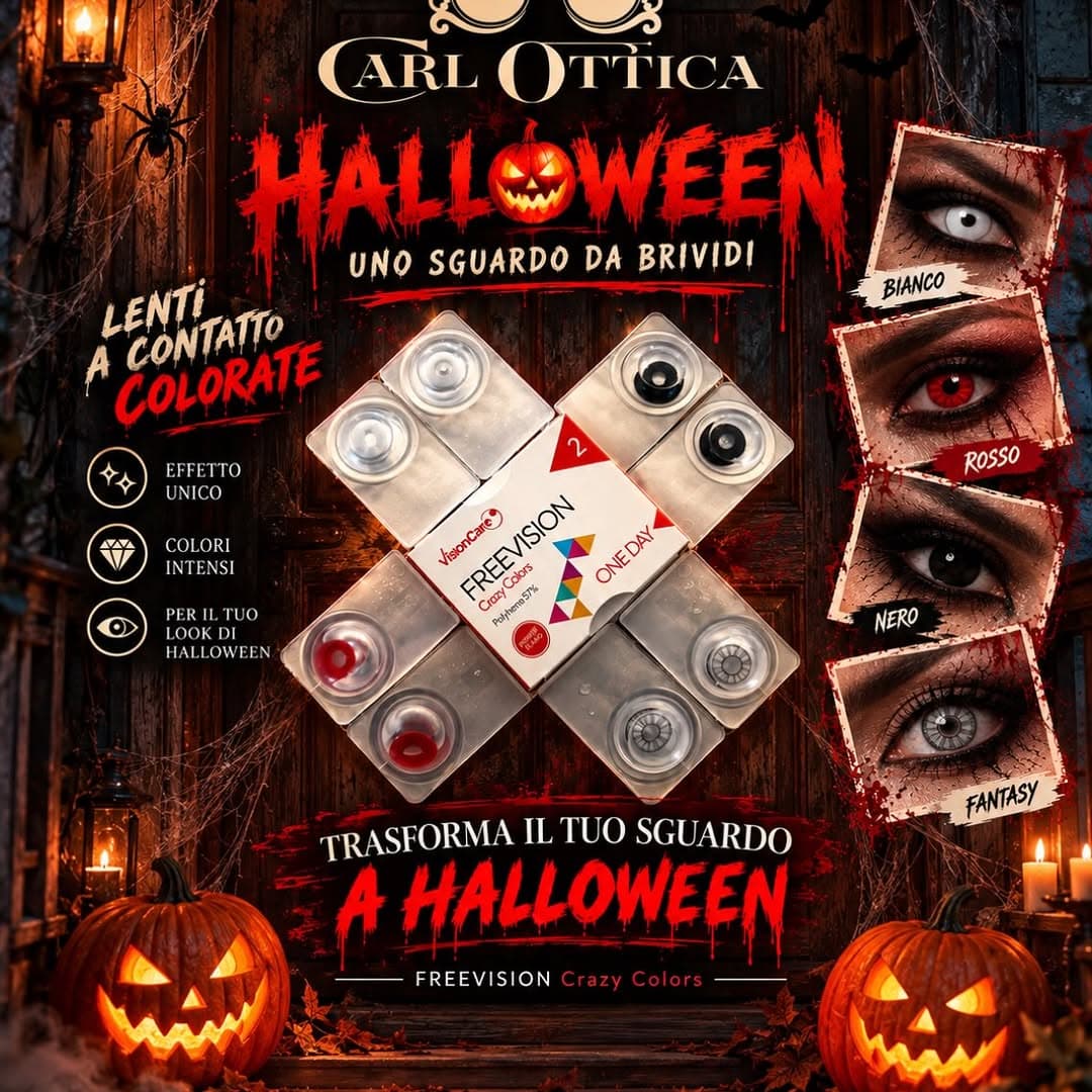 Post Instagram Carl Ottica: 🎃👁️ QUESTO HALLOWEEN, IL TUO SGUARDO FARÀ PAURA! 🦇🩸 Vuoi un look da brivido? 👻 Con le lenti a contatto colorate FRE
