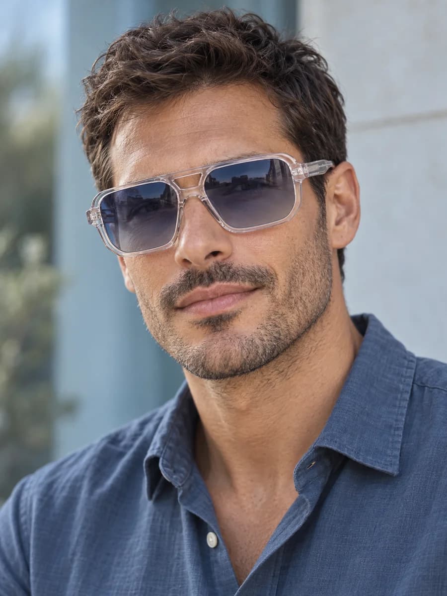 Modello uomo con occhiali da sole in acetato cristallo e lenti blu-grigie sfumate, ispirati alla Centro Style S067155036013