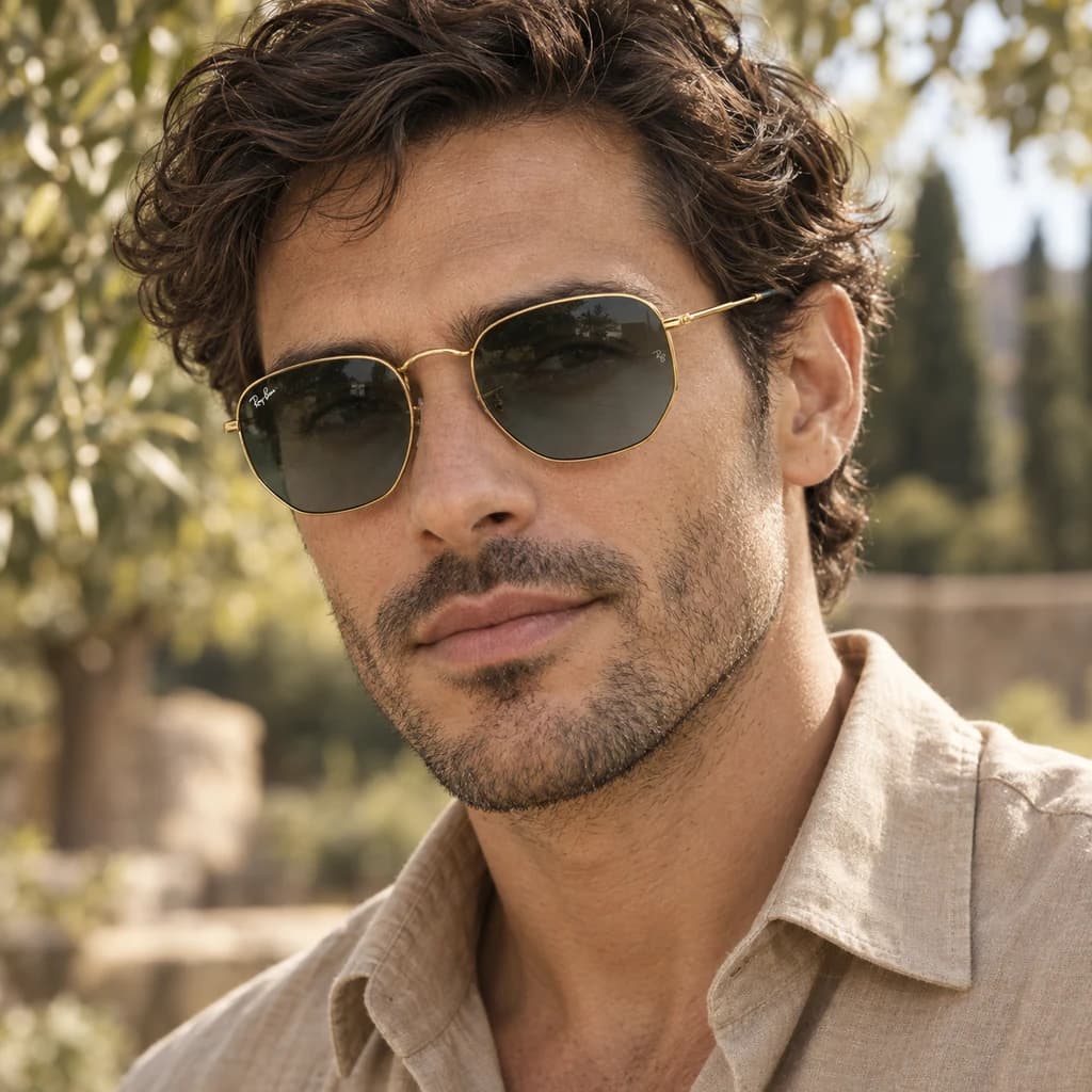 Modello con occhiali da sole esagonali in metallo dorato, ispirati alla Ray-Ban 3548N