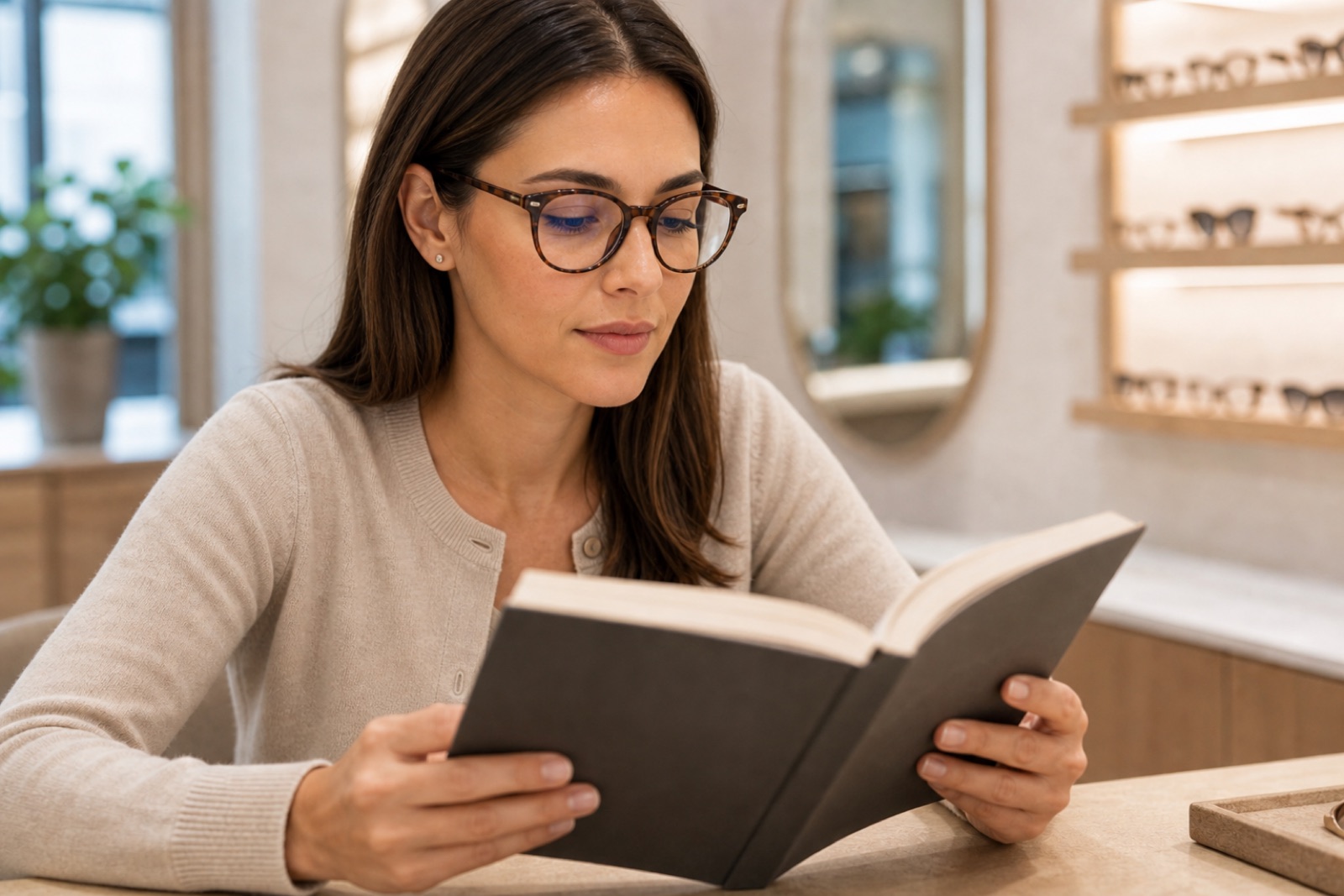 Persona che prova nuove lenti durante la lettura