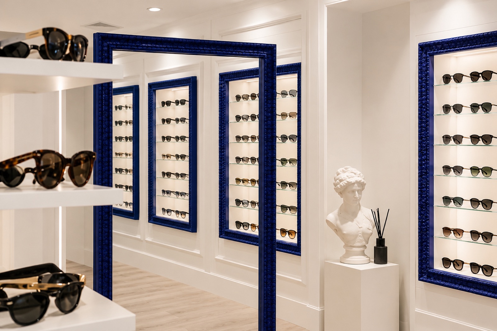 Interno luminoso di una boutique ottica con espositori di montature