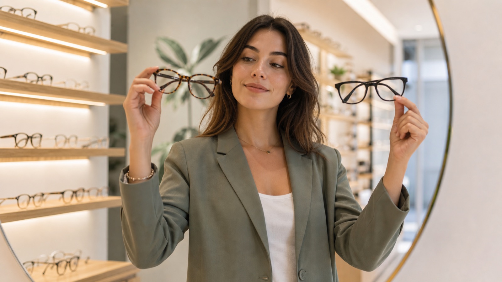 Persona che confronta due montature in una boutique ottica luminosa